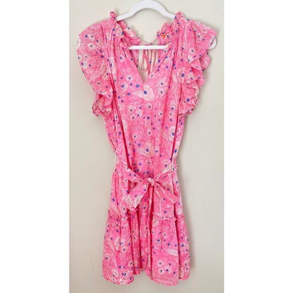 Oliphant Flirty Ruffle Hem Carolina Pink Cotton Block Print Dress Tuckernuck Med - Picture 8 of 16